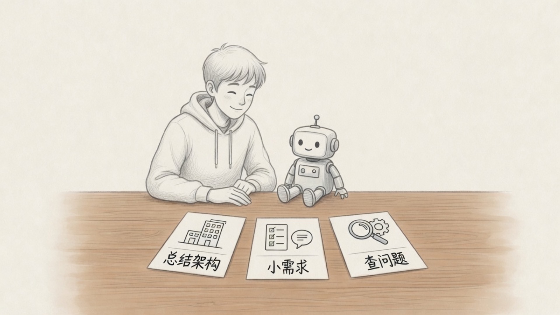 桌上三张小卡片：总结架构、小需求、查问题