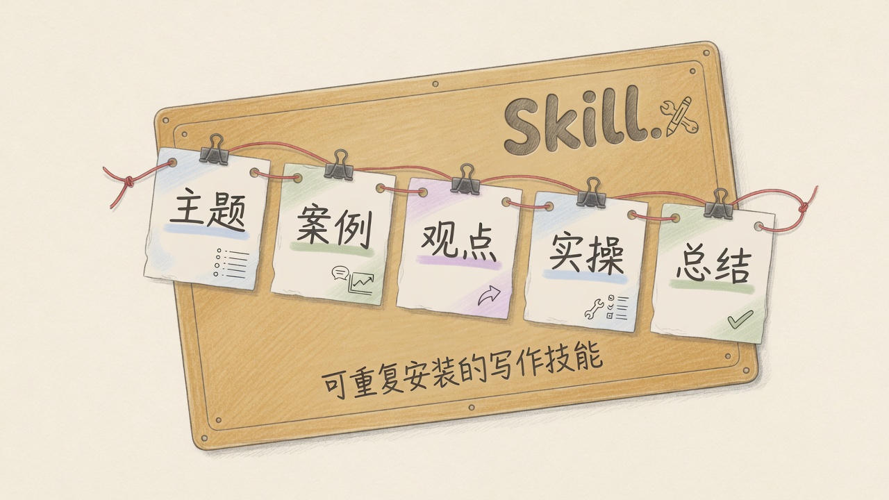 手绘：五张便笺排成主题、案例、观点、实操、总结