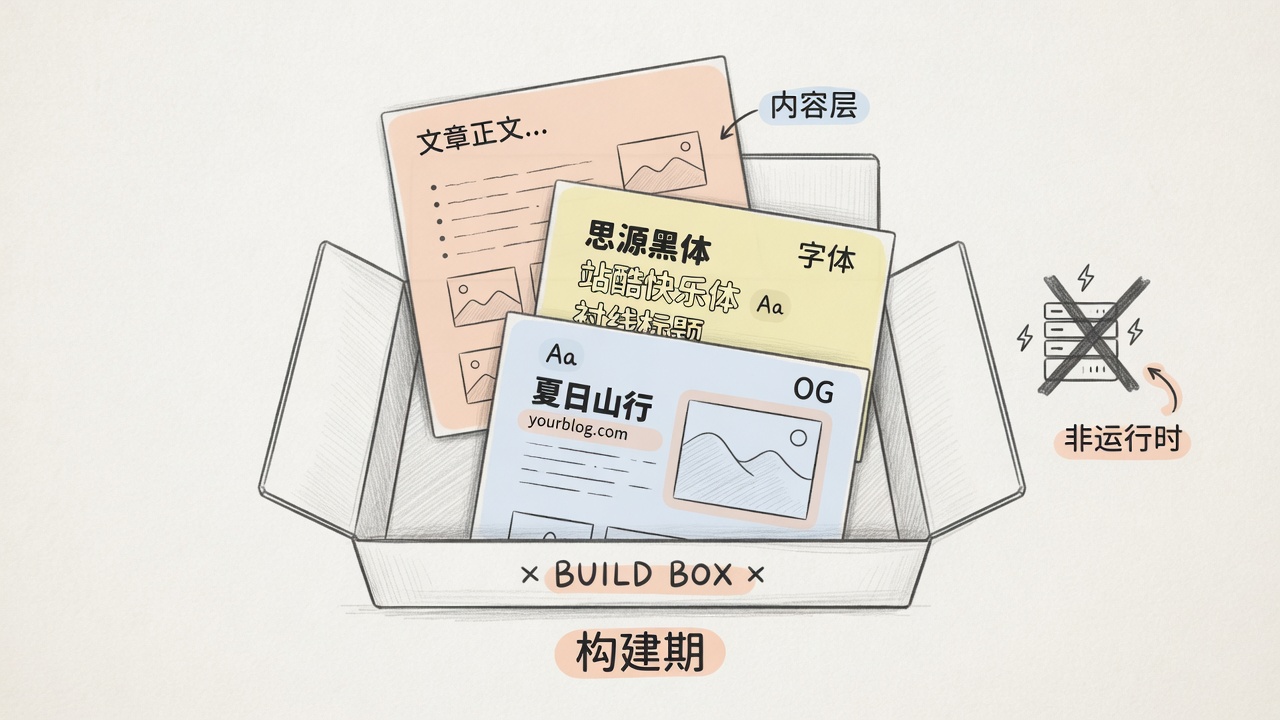 手绘：构建期里叠着内容层、字体和 OG 三张稿纸