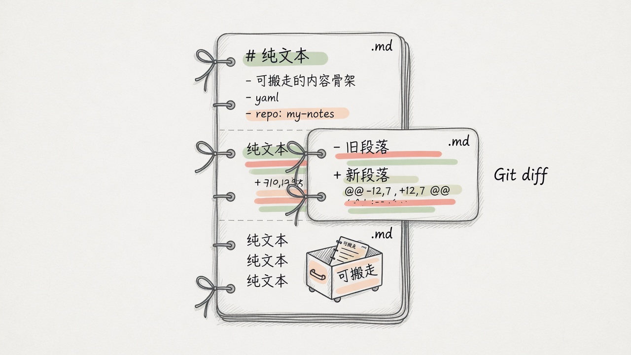 手绘：一叠 Markdown 稿纸作主线，旁注可 diff、可搬走