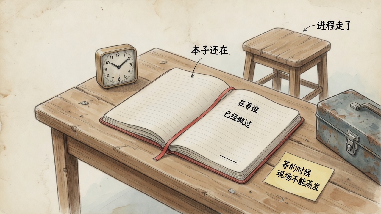 进程走了,打开的本子还在,上面写着在等谁、已经做过