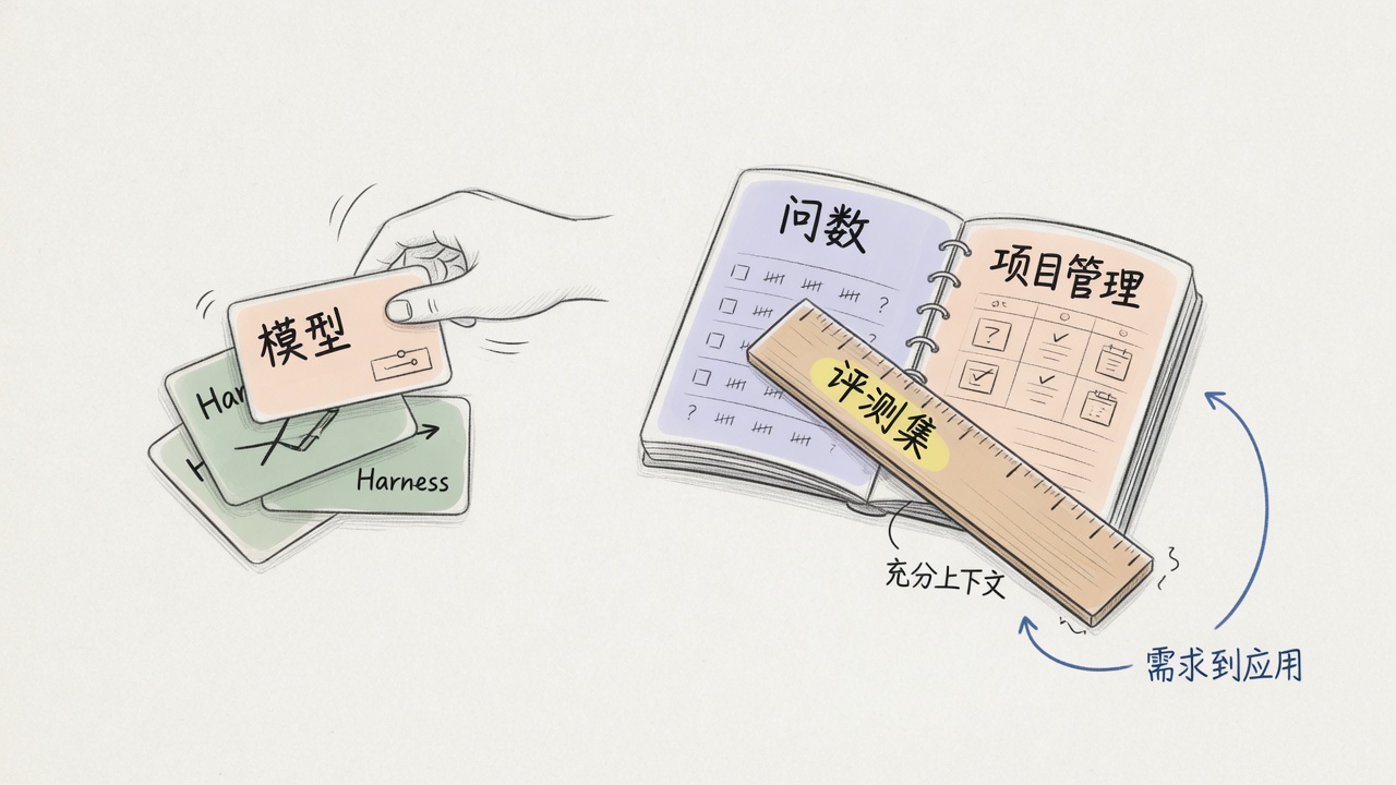 手绘:左边几张模型卡片在换,右边一把尺子压在问数和项目管理两本账上,尺子写着评测集