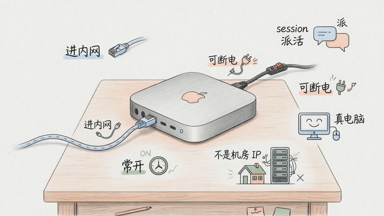 手绘:办公桌上的 Mac mini,周围标着进内网、session 派活、可断电、真电脑、不是机房 IP
