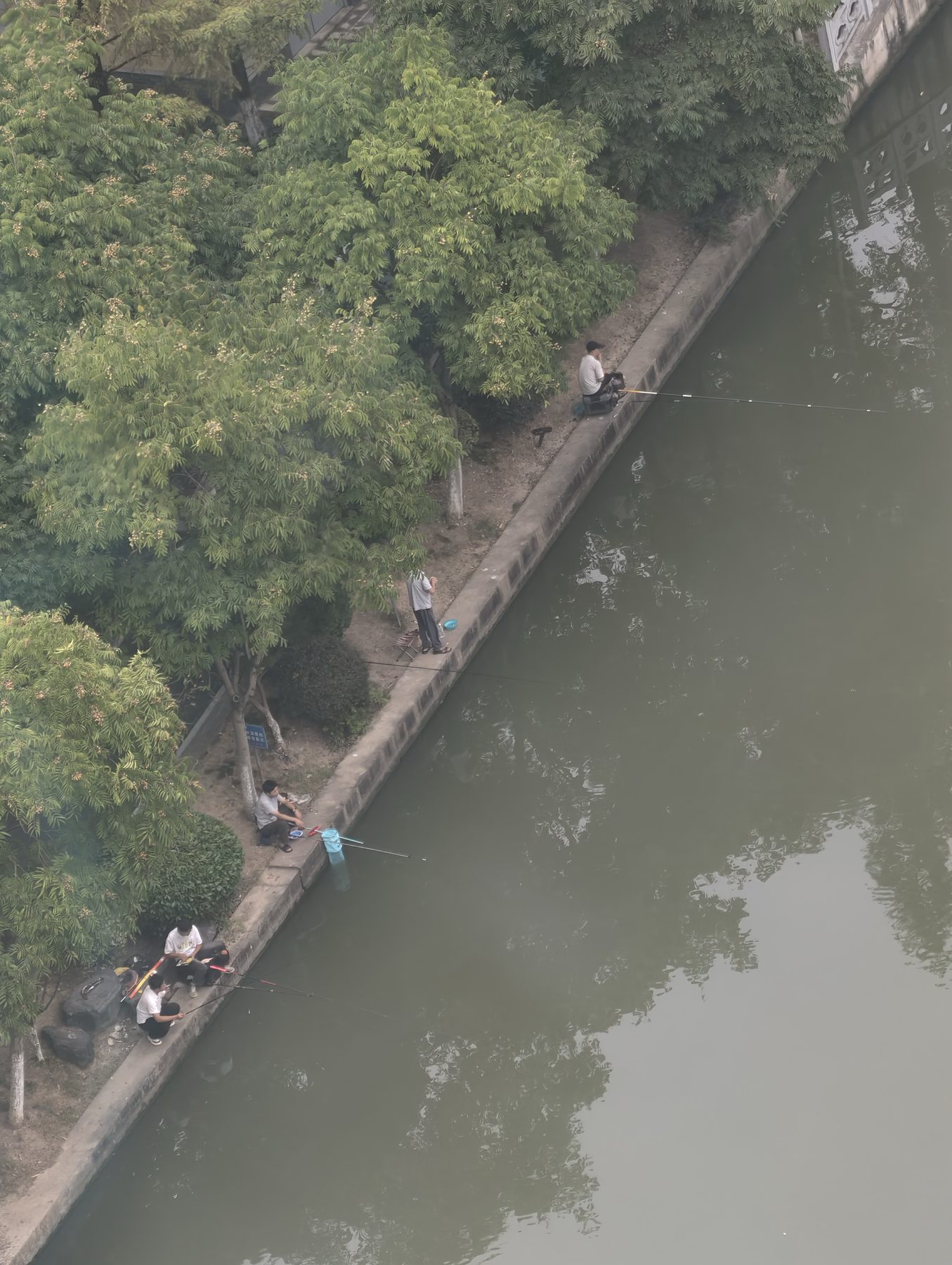 高处俯拍的河岸,几个人沿混凝土边坐着钓鱼。