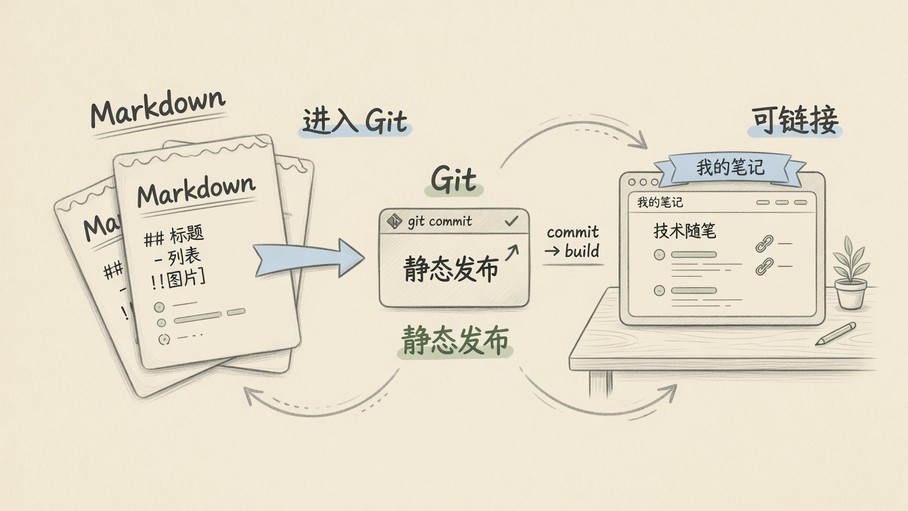 手绘：Markdown 稿纸流入 Git，再变成一个静态小站